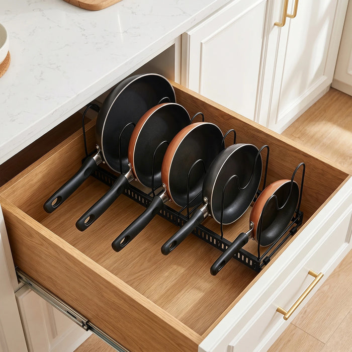 Expandable Pan Organiser Rack with 10 Adjustable Dividers — Pot Lid Holder for Kitchen Cupboards