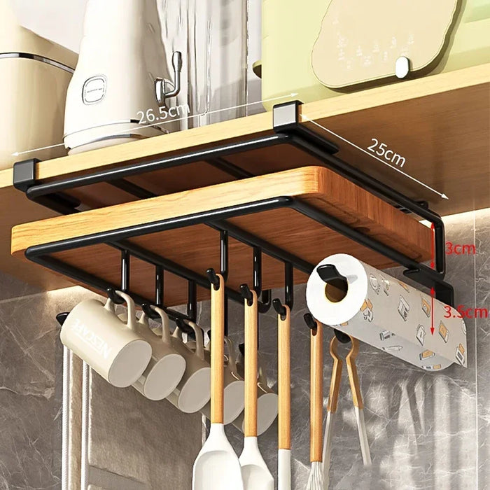 Under-Cupboard Kitchen Hanging Rack with Hooks — Paper Towel, Cutting Board & Pot Lid Holder