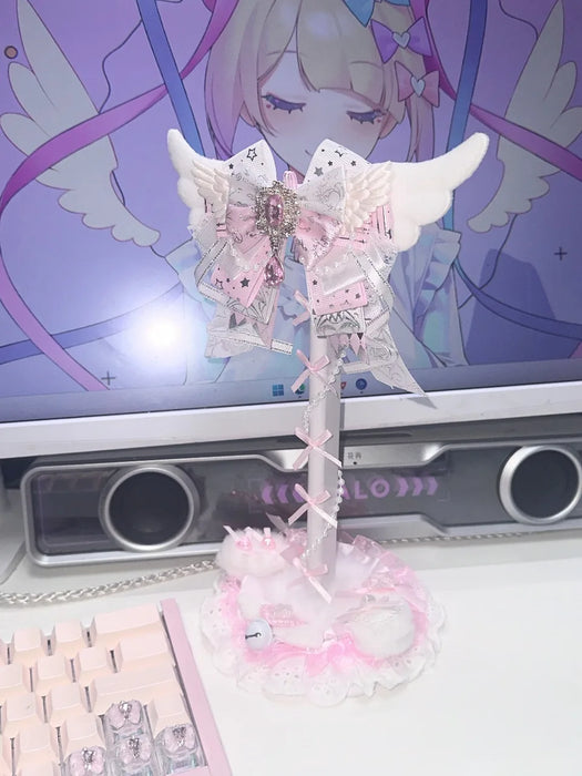 Pink Lace Angel Wings Headphone Stand — Kawaii Gaming Headset Holder