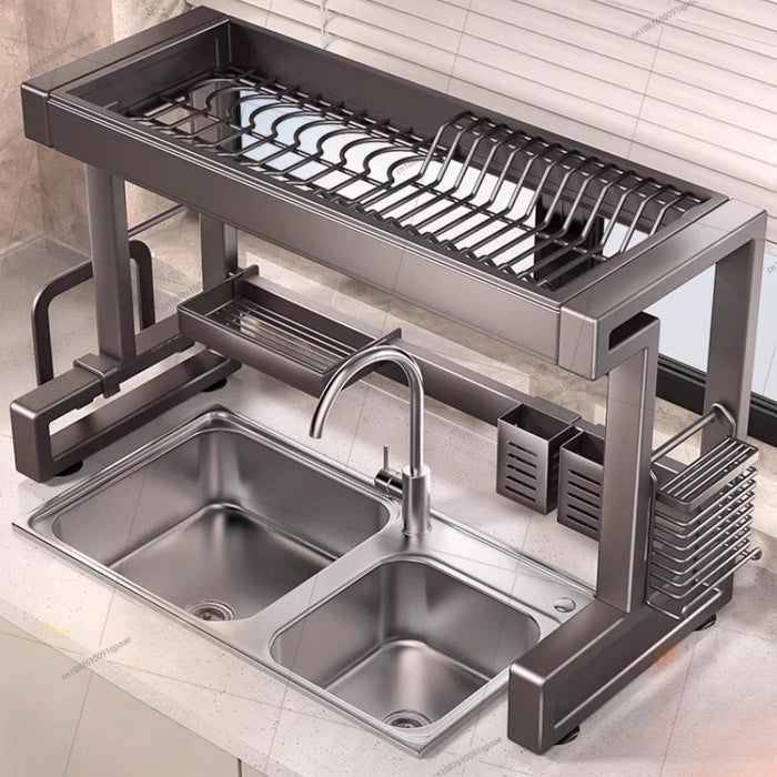Over‑Sink Dish Drying Rack with Utensil Holder — Stainless Steel, Matt Black