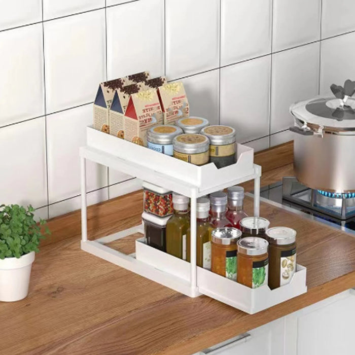 Double-Layer Pull-Out Storage Rack with 5 Hooks — PP Drawer Organiser for Kitchen & Bathroom