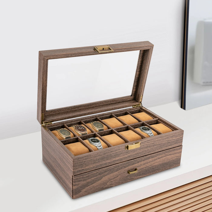 24-Slot Watch Box — Brown PU & Wood Display Case with Glass Lid