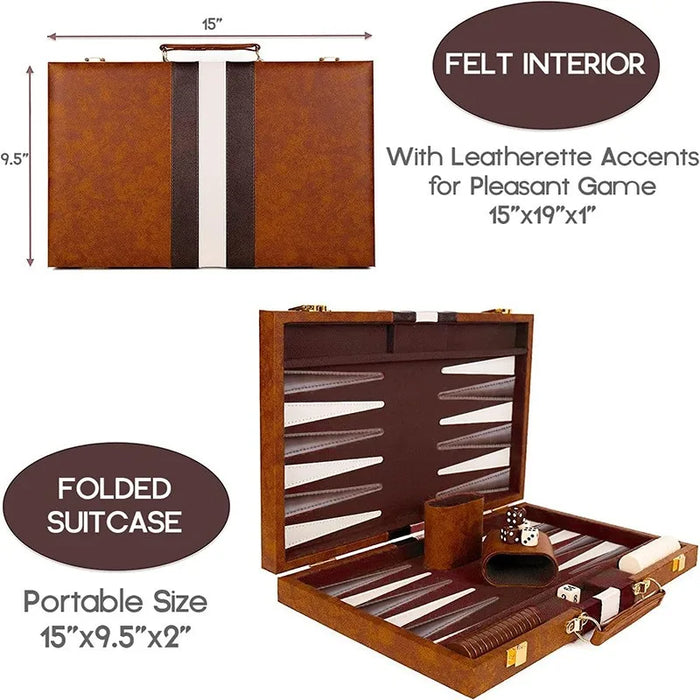 Classic 3‑in‑1 Backgammon Travel Set with Leather Case — Chess & Checkers (11/15/18 inch)