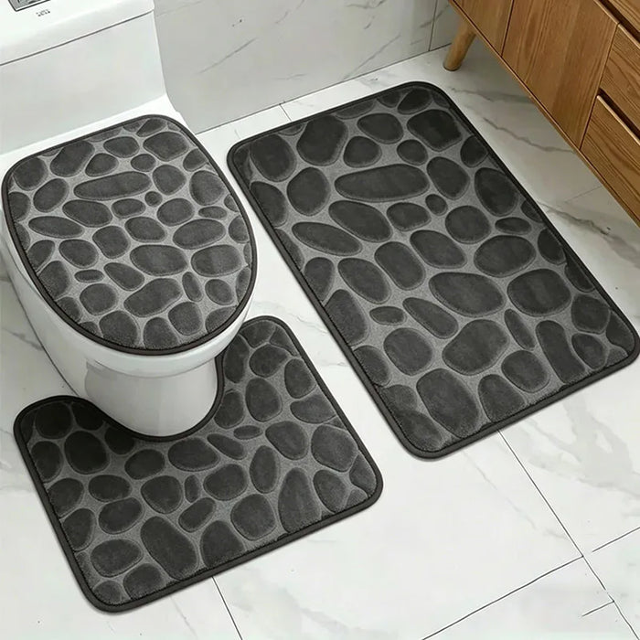 Three‑Piece Stone‑Pattern Microfibre Bathroom Mat Set — Water‑Absorbent & Non‑Slip