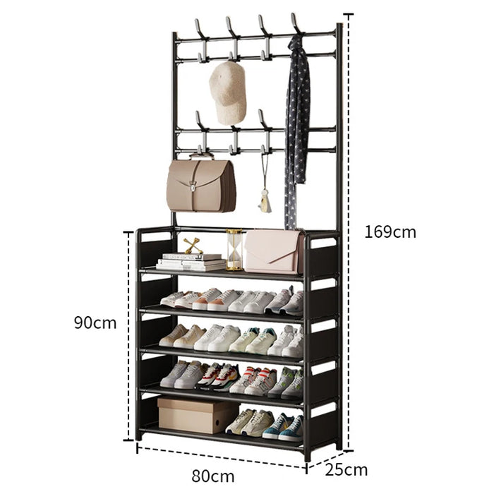 5-Tier Metal Shoe Rack with 8 Hooks — Coat, Hat & Bag Organiser