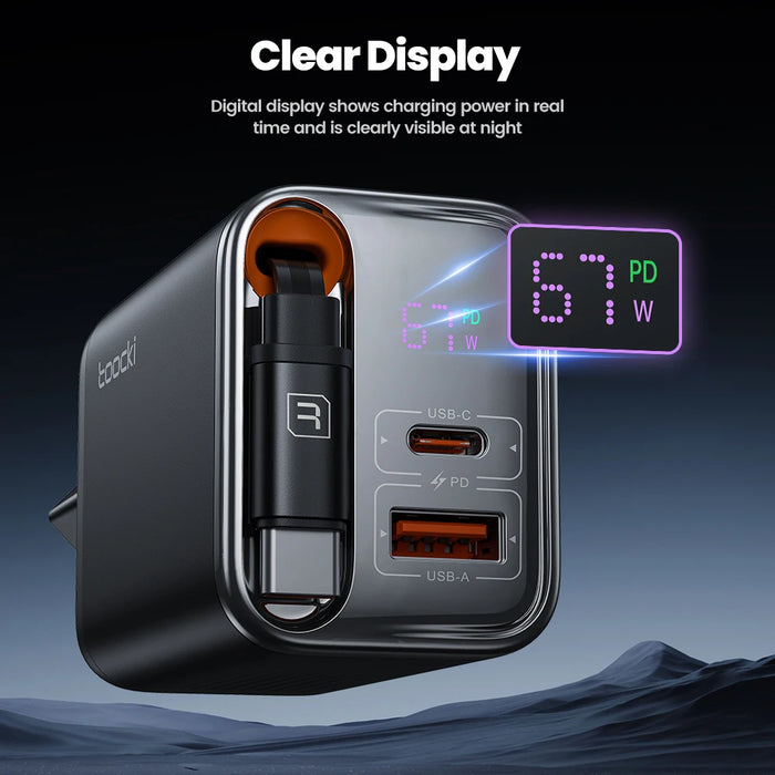67W GaN Fast Charger with Retractable USB‑C Cable, PD3.0 & PPS, Digital Display (EU Plug) — for iPhone 17/16 & Samsung S25/S24
