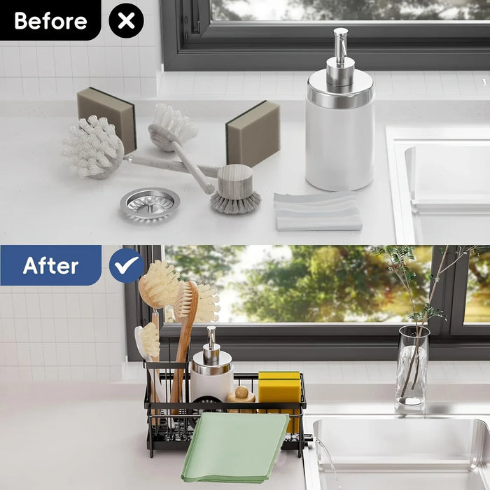 Kitchen Sink Sponge Holder – Auto-Draining Plastic Sink Caddy with Removable Brush Holder