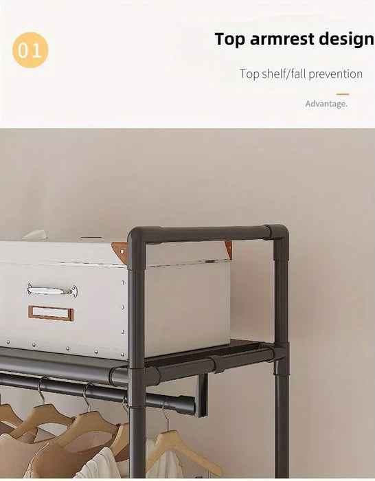 Clothing Storage Rack with Wheels, Hooks & Shelves — Freestanding Metal Organiser