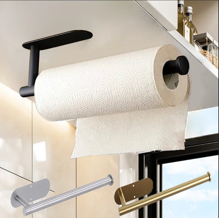 Stainless Steel Paper Towel & Toilet Roll Holder — Adhesive or Screw-Fix