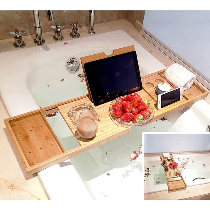 Bamboo Bathtub Caddy Tray – Extendable Spa Tray with Book, Wine and Tablet Holder