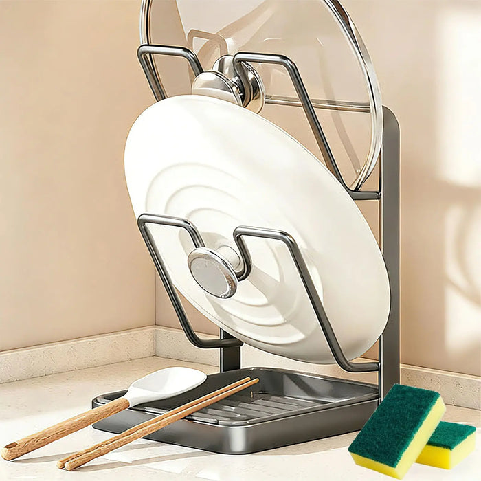 Pot Lid & Cutting Board Rack — Steel Holder with U‑Shaped Slots & Drip Tray