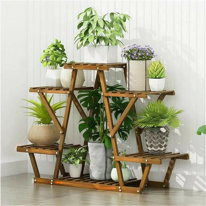 6-Tier Carbonised Triangle Corner Plant Stand — Pine & Metal, Stained Brown