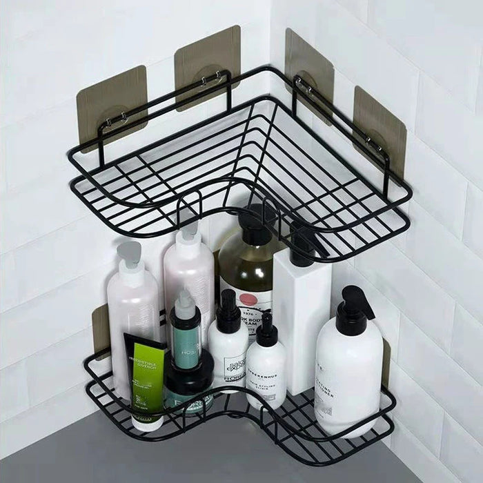 No‑Drill Black Metal Corner Bathroom Shelf — Wall‑Mounted Toilet Storage Rack