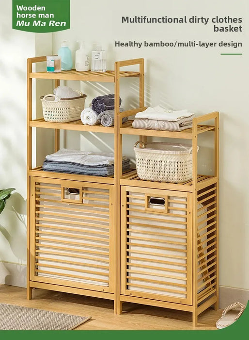 3/4-Tier Bamboo Laundry Hamper & Bathroom Rack with Pull-Out Shelves