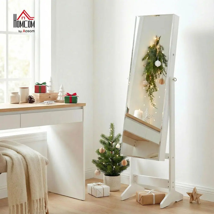 Lockable Full-Length Jewellery Cabinet Mirror – Freestanding Armoire, White