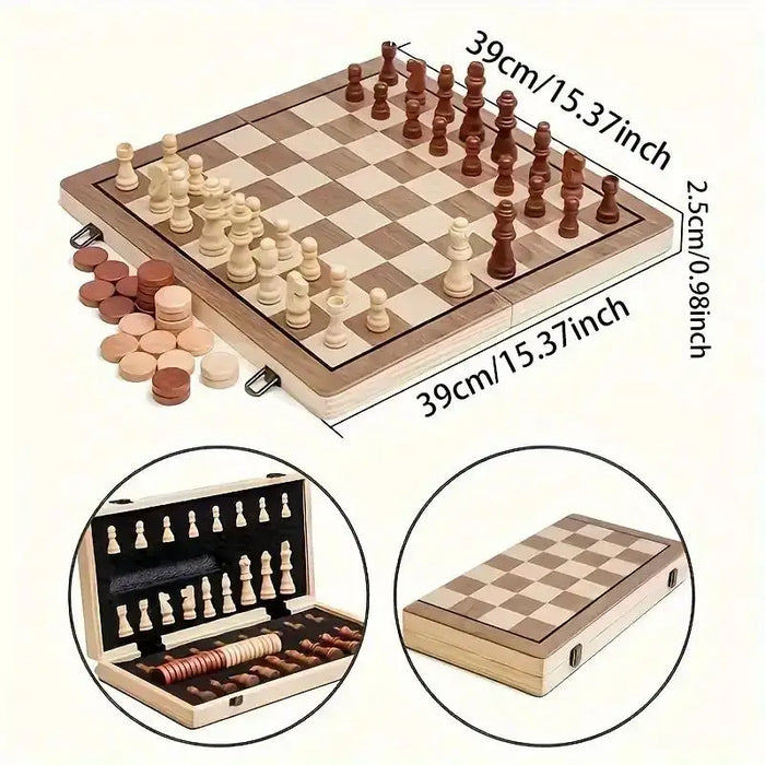 Wooden Folding Chess & Checkers Set — Portable Table Game with 2 Extra Queens, Beginner Friendly