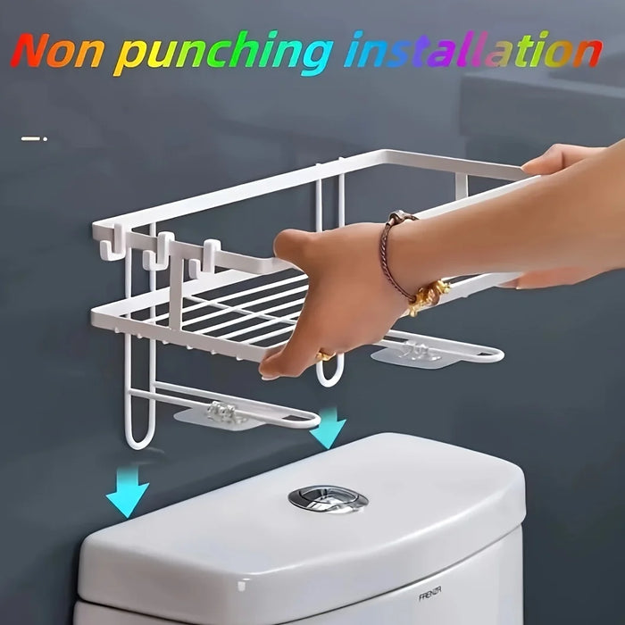 Non-Perforated Single-Tier Bathroom Storage Rack — Compact Toilet Shelf (White/Black)
