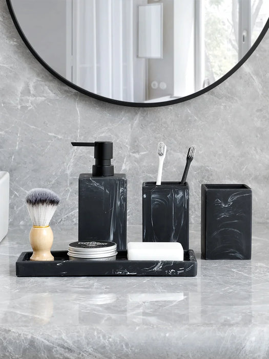 4-Piece Marble-Pattern Resin Bathroom Set — Lotion/Soap Dispenser, Toothbrush Holder, Tumbler & Tray (Black or White)
