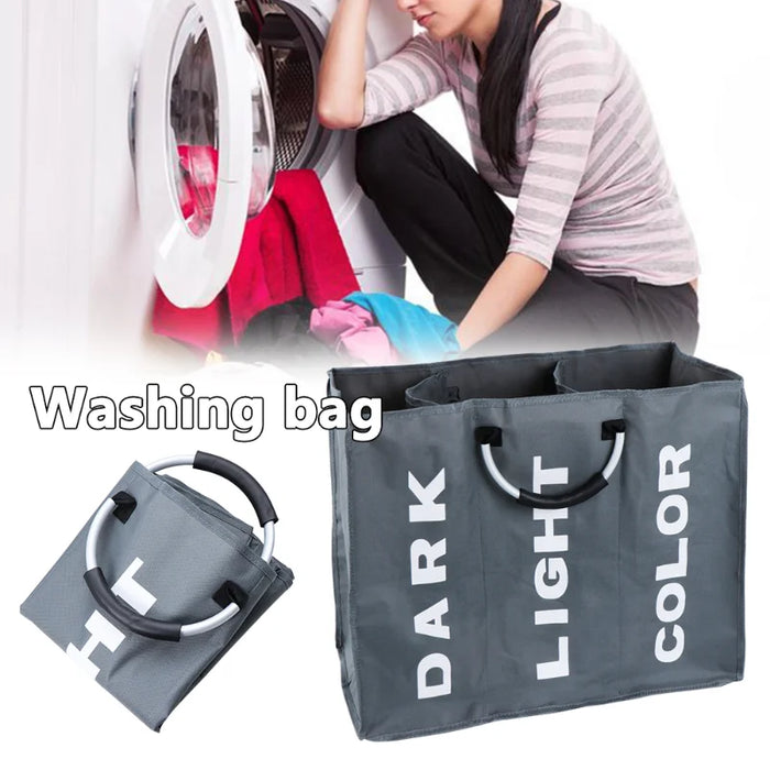 Foldable 3‑Section Laundry Hamper — Large Oxford Cloth with Aluminium Handle