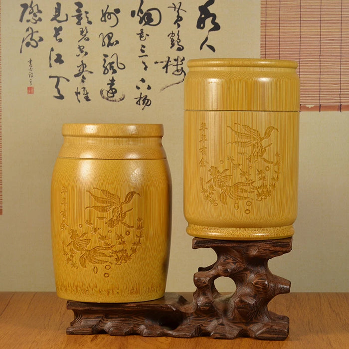 Handmade Bamboo Tea Canister with Sealing Lid — Carved Storage Box