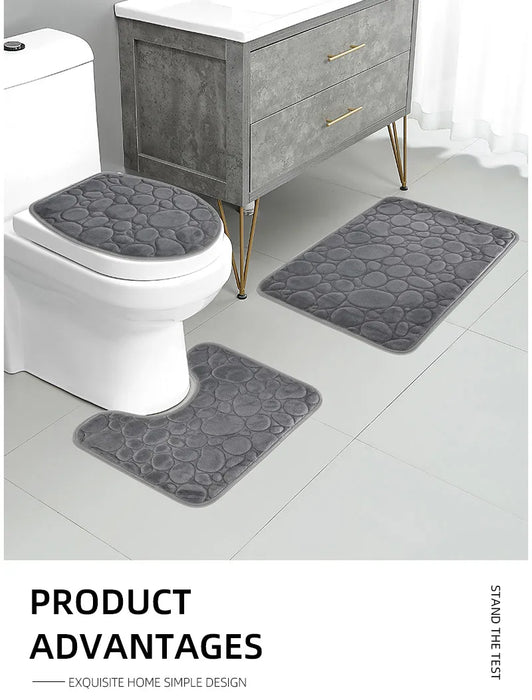 Three‑Piece Stone‑Pattern Microfibre Bathroom Mat Set — Water‑Absorbent & Non‑Slip