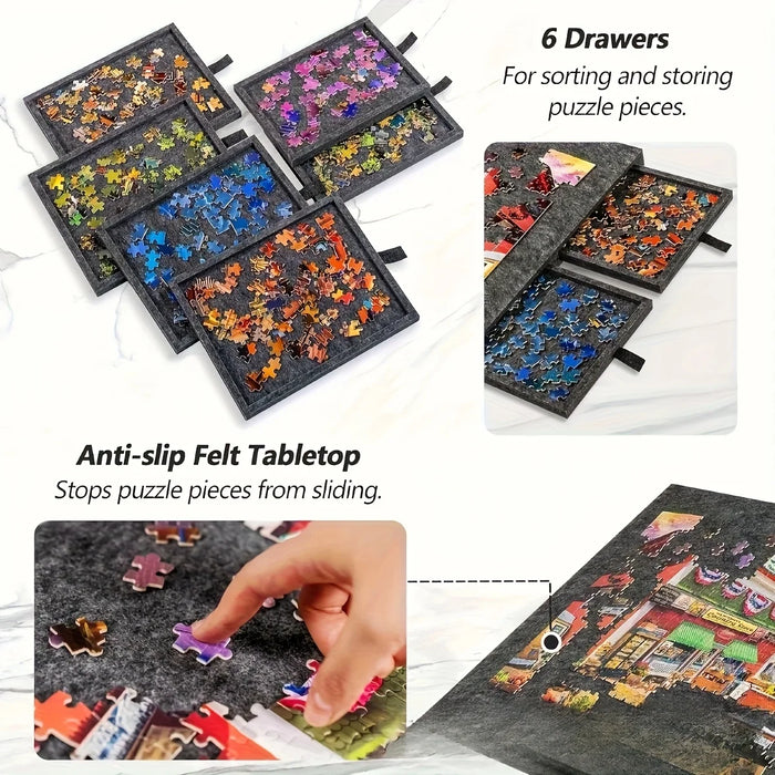 Foldable Puzzle Storage Table — 6-Drawer Organiser with Felt Top