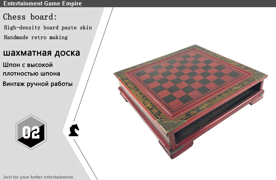 Retro Terracotta Warriors Chess Set — 26 cm Wooden Board with Resin Chessmen