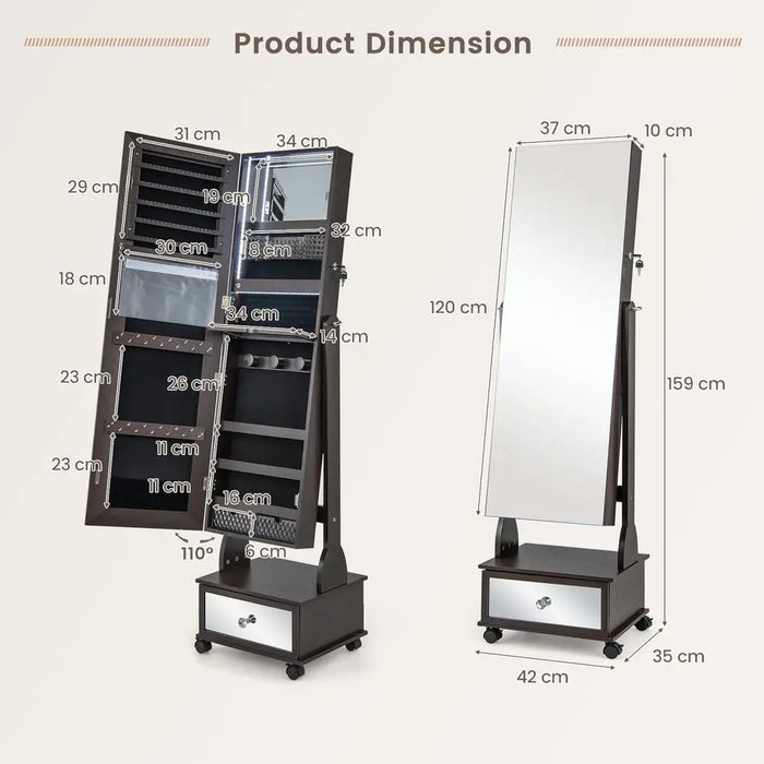 Free-standing Jewellery Cabinet — 3‑Colour LED Lights, Lockable, Full‑Length Mirror, Drawers & Wheels