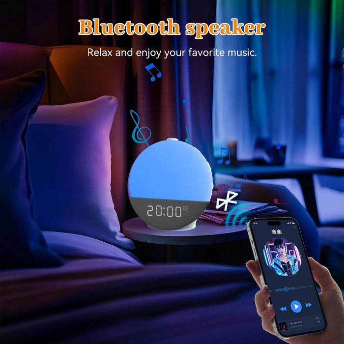 Wake-Up Light Sunrise Alarm Clock with White Noise, Bluetooth Speaker & Colour-Changing Night Light