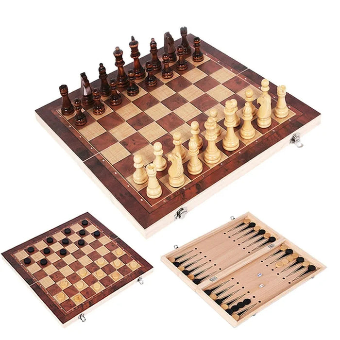 3-in-1 Board Game Set – Chess, Checkers & Backgammon with Dice