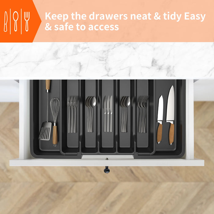 Expandable Cutlery Tray — Wooden or Black Plastic, 6–8 Compartments