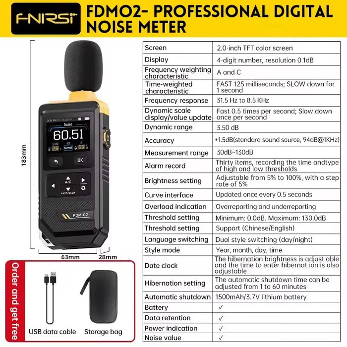 FDM-02 Digital Noise Meter — 30–130 dB A/C-weighted Handheld Decibel Meter