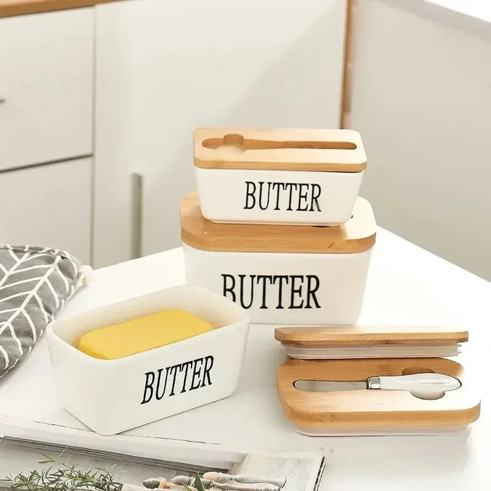 Ceramic Butter Dish with Bamboo Lid & Knife — Square Sealed Butter Box (350/500/650ml)