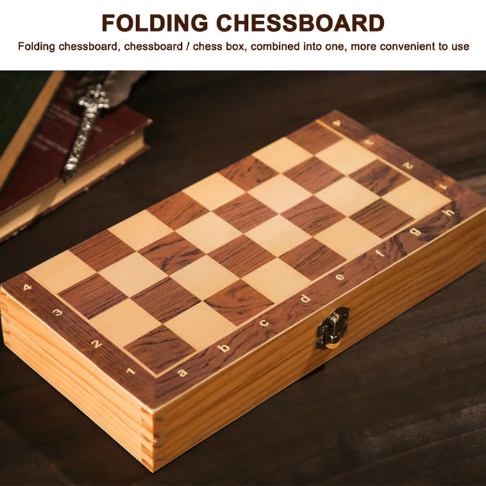 3-in-1 Wooden Chess, Checkers & Backgammon Set — Foldable 29 x 29cm Board