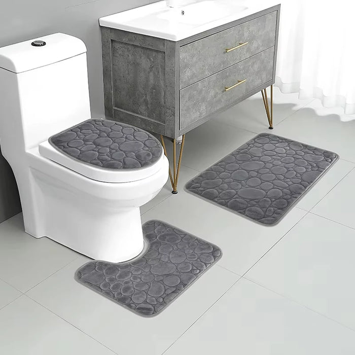 3-piece Microfibre Bath Mat Set — Absorbent, Non-slip, Stone Pattern
