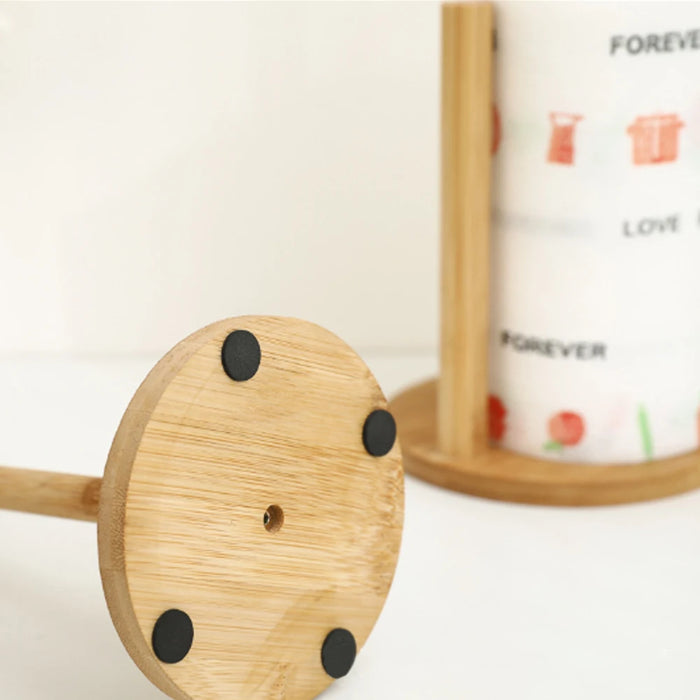 Bamboo Paper Towel Holder — Vertical Wooden Roll & Cling Film Organiser