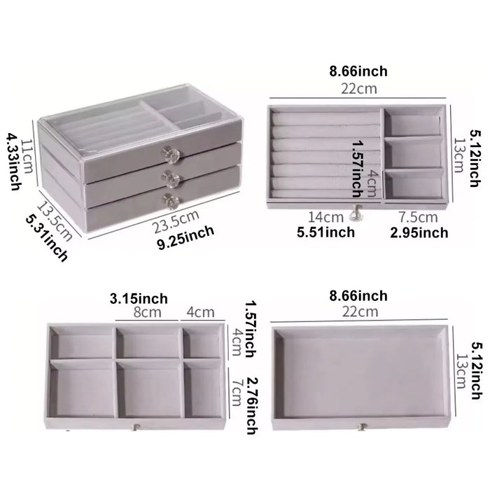 3-Layer Drawer Jewellery Box — Beige or Grey, Plastic Organiser