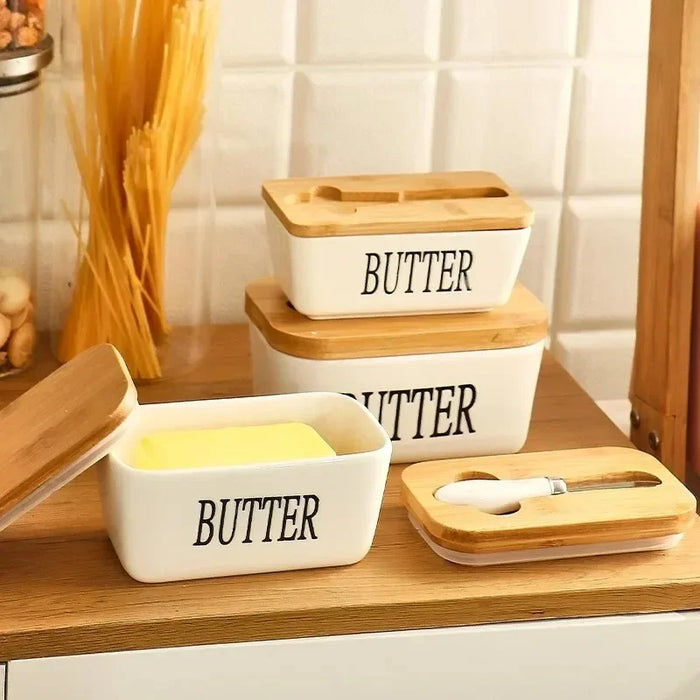 Ceramic Butter Dish with Bamboo Lid & Knife — Square Sealed Butter Box (350/500/650ml)