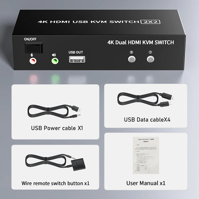 Dual‑Monitor HDMI KVM Switch 2x2 USB 3.0/2.0 4K 60Hz — 2 PCs, 2 Monitors