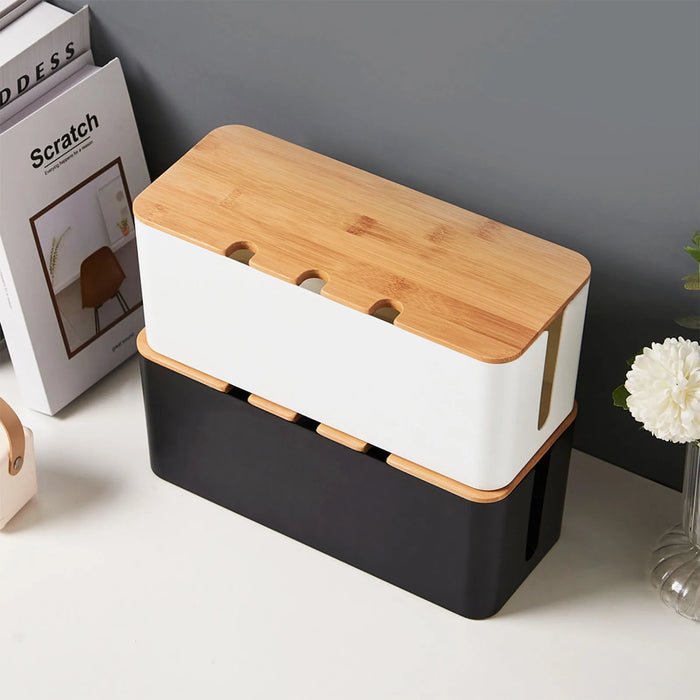 Large Cable Management Box – Wooden‑Style Cord Organizer for Power Strips, TV, Computer & USB Hub