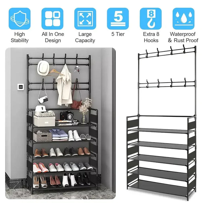 5-Tier Metal Shoe Rack with 8 Hooks — Coat, Hat & Bag Organiser