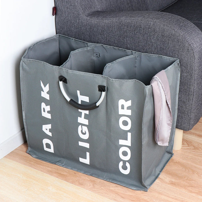 Foldable 3‑Section Laundry Hamper — Large Oxford Cloth with Aluminium Handle