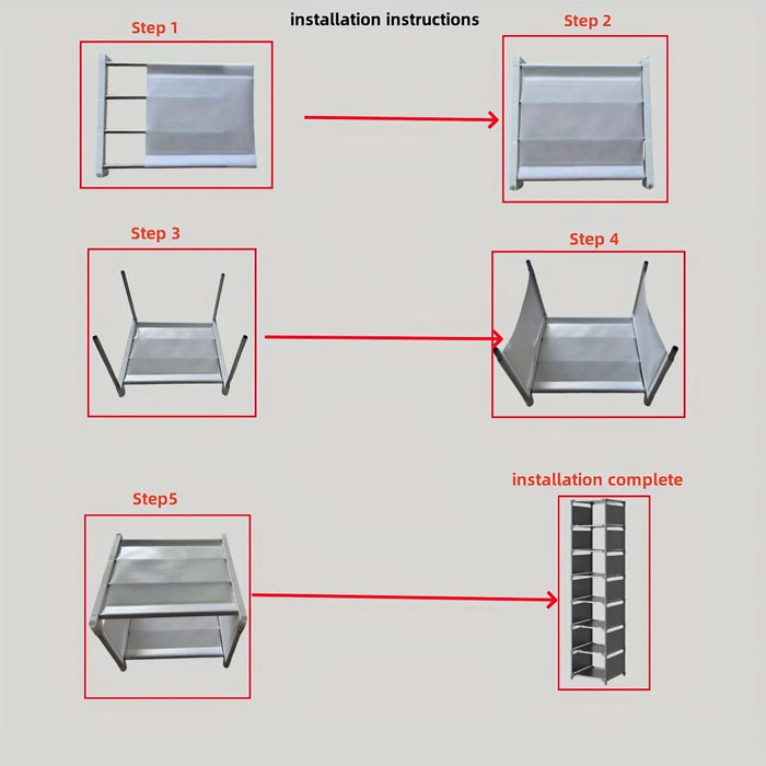 7-Grid Shoe Rack — Metal Tube Frame with Fabric Shelves, Floor Installation, Black or White