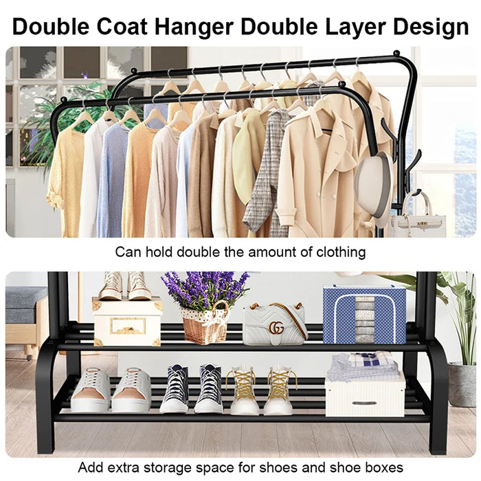 Double Rail Standing Clothes Rack with Mesh & Bottom Shelves — White or Black