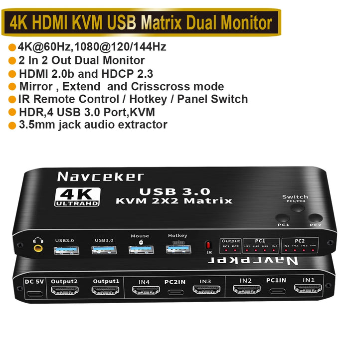 2x2 HDMI KVM Switch Matrix 4K 60Hz Dual Monitor KVM HDMI Extended Display USB KVM Switcher 2 in 2 out for 2 Computers 2 Monitors
