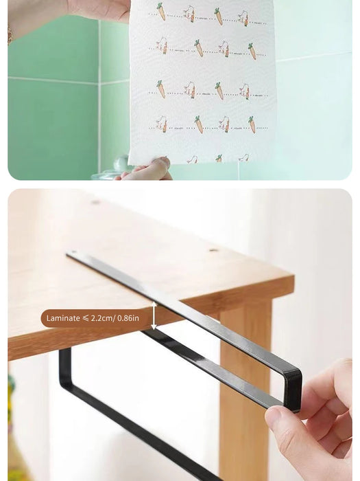 Under-Cabinet Paper Roll Holder – No‑Drill Towel & Cling Film Rack (White/Black)