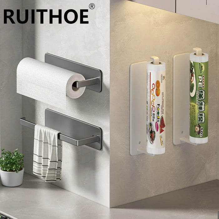 Self‑Adhesive Paper Towel & Toilet Roll Holder — No Drilling, Metal Rack (Black/Grey/White)