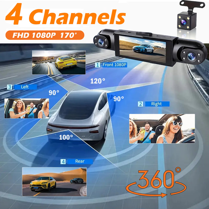 4‑Channel Dash Cam with 170° Front Lens, Night Vision & 24/7 Parking Monitor