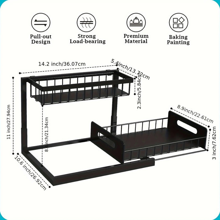 Under-Sink Pull-Out Organiser — 2-Tier Slide-Out Metal Shelf (White or Black)