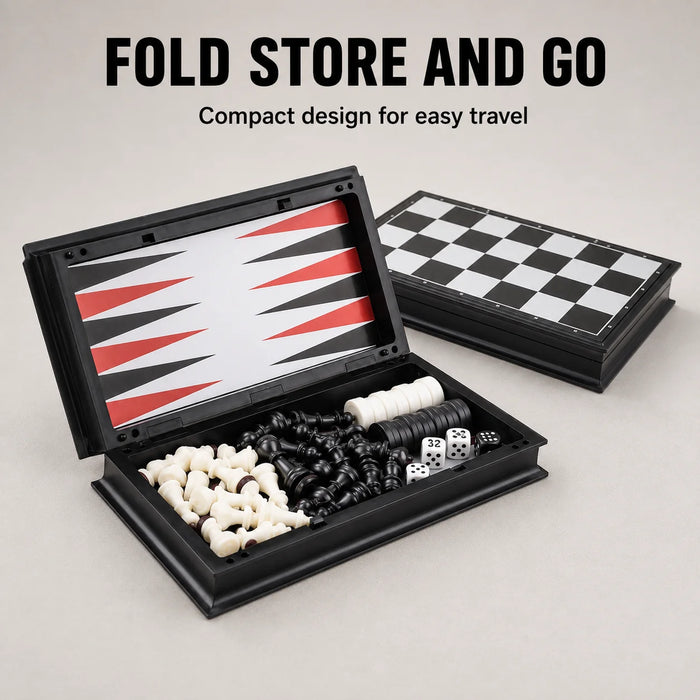 3-in-1 Magnetic Travel Board — Chess, Checkers & Backgammon (25/32/36 cm)